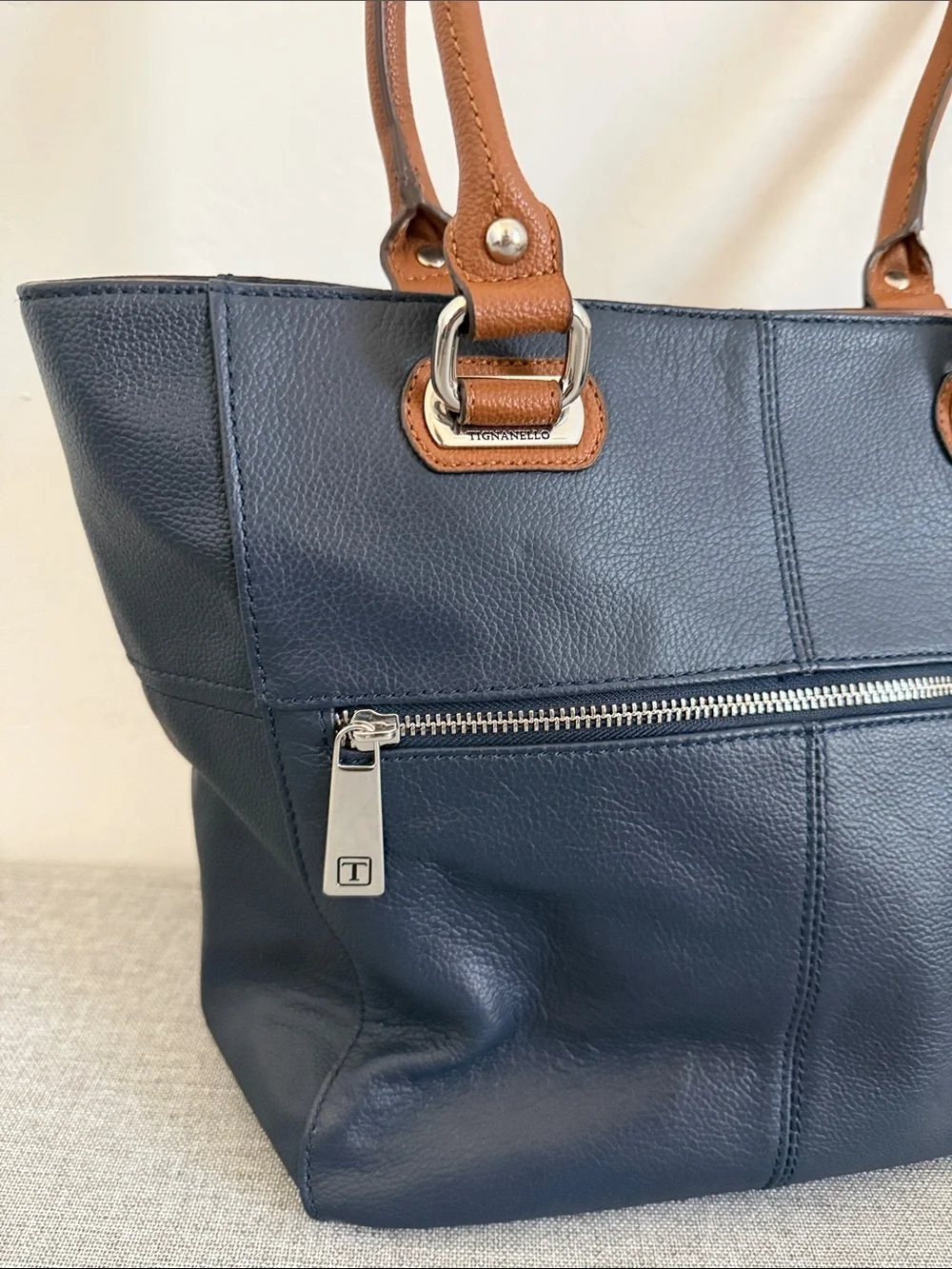 Tignanello leather Navy Tote with Brown Handles